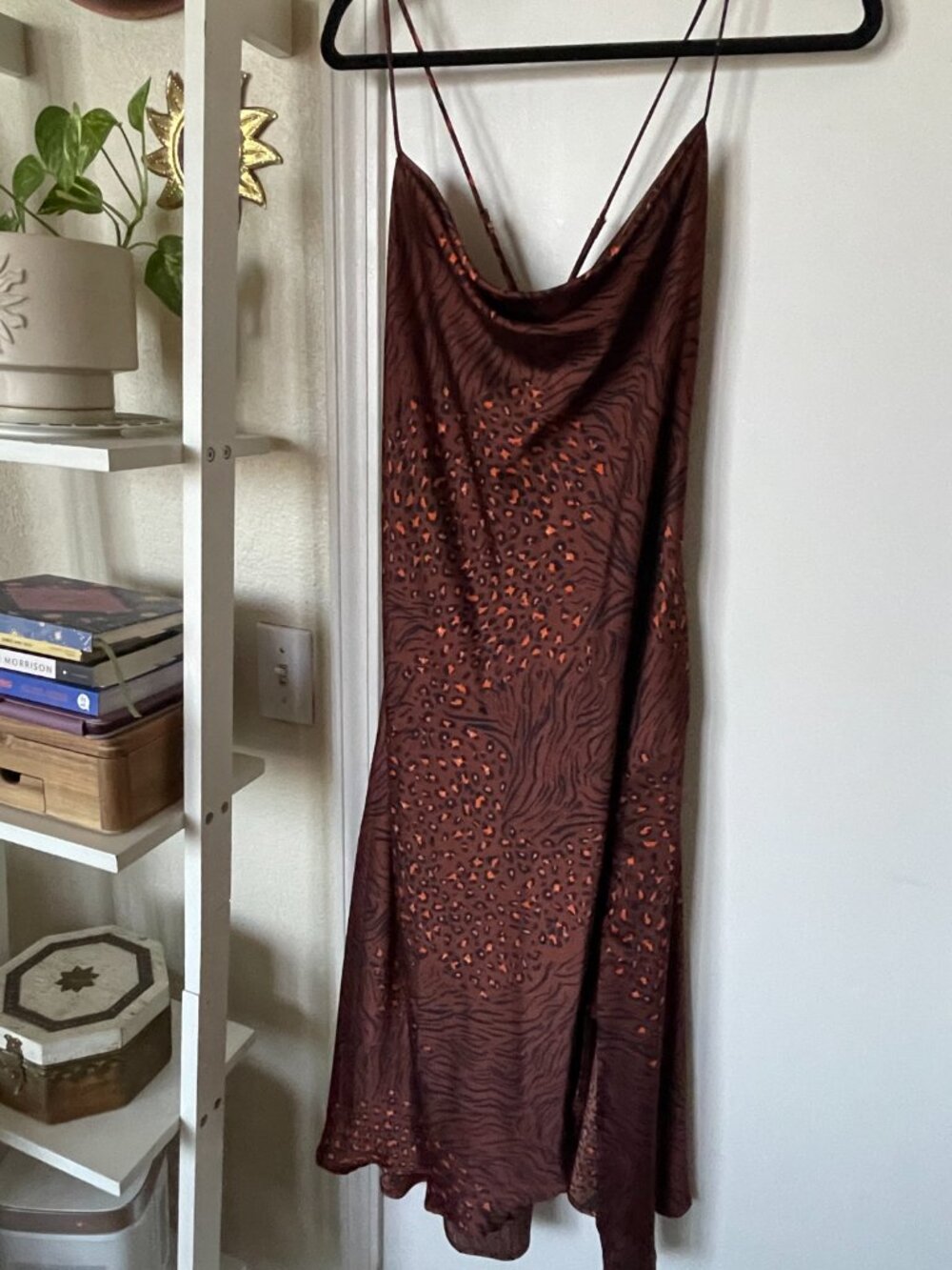 ASTR The Label Animal Print Slip Dress Brown Size L Cowl Neck